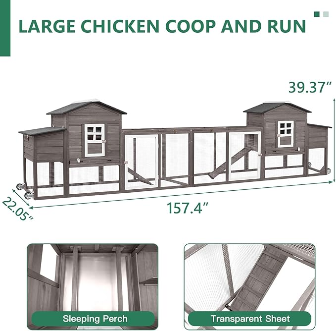 158" L Large Chicken Coop with Run, Mobile Chicken Hen House with Wheels, Nesting Boxes, Outdoor Rabbit Hutch, Poultry Cage for Chickens Ducks Bunny with Removable Tray, Ramp (Grey)