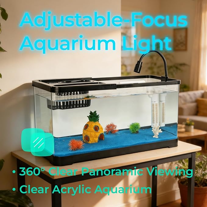 5 Gallon Fish Tank Aquarium Starter Kit with USB LED Light & Quiet Filter, Large Desktop Betta Tank with Decorations, Starter Aquarium for Home Office(Large Black)