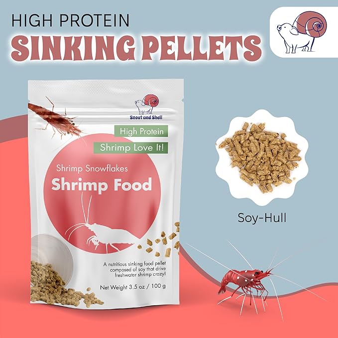 Snout and Shell Snowflakes Shrimp Food - High Protein Sinking Soy Pellets for Tropical Freshwater, Caridina, Neocardinia Shrimp & More | 3.5oz/100mg
