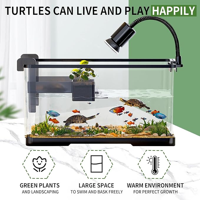 (Tank + Light + Filter + Filter Balls) Turtle Tank Kit, Turtle Tank Starter Kit,Bottom Drainage, Multi-Function Areas for Turtles, Crabs,Fishes, Amphibians,Reptiles. (21.65 x 12.28 x 12.28 Inch) New