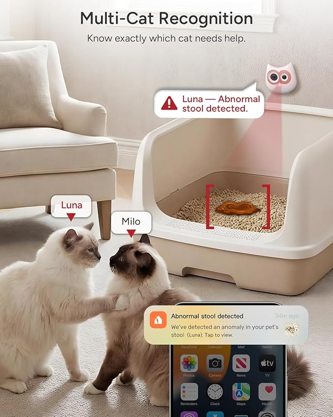 Litter Box Camera – AI Cat Health Monitoring, Records Cat's Toileting Behavior, Abnormal Alerts, Fits Automatic & Standard Litter Boxes, Multi-Cat Support, Cat Cam with Night Mode(Grey)