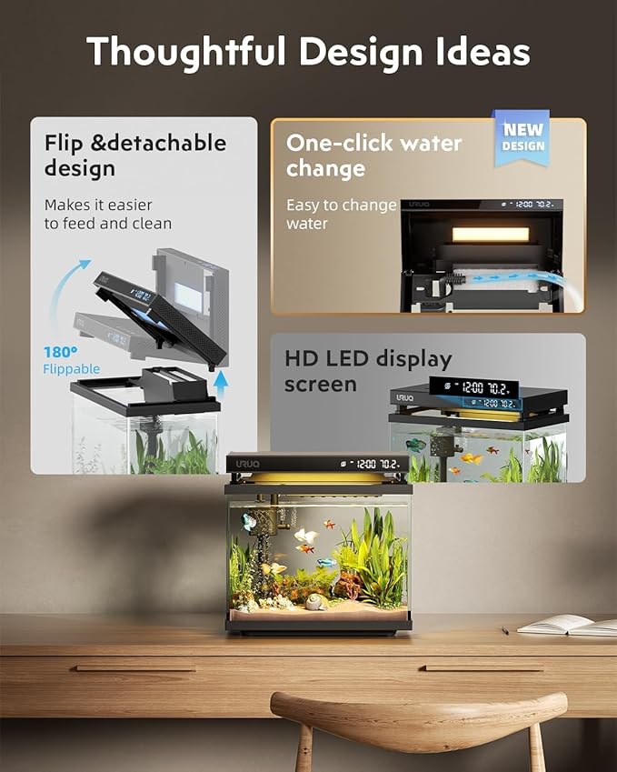 Fish Tank Smart Aquarium Kit: 2 Gallon UHD Glass Silent Water Pump Self Cleaning Multi-Layer Filtration System - Temperature Sensing 7-Color Lighting for Small Fish Betta Room Desktop Decor - Black