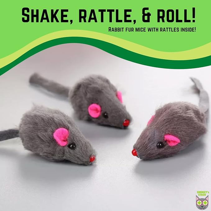 Smokey's Stash Rabbit Fur Mouse Cat Toy 24 per Pack White and Gray Fuzzy Toys for Cats with Rattle Realistic Fake mice (24) - Image 2