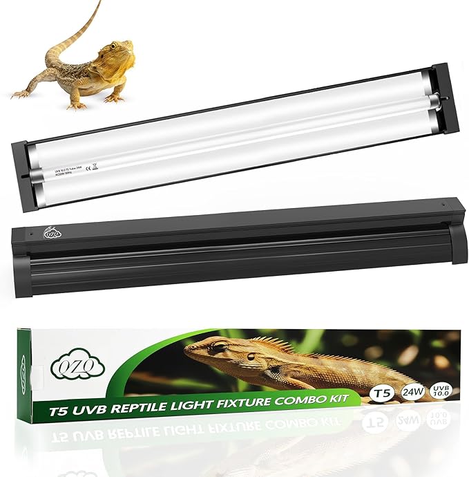 QZQ T5 UVB Reptile Light Fixture Combo Kit 24W, 10.0 UVB Light for Reptiles, Terrarium Hood Comes with Desert Reptile Lamp for Bearded Dragon, Gecko, Tortoise, Lizard