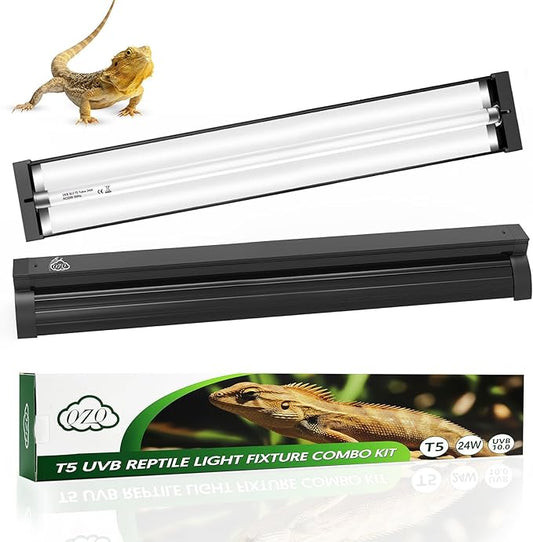 QZQ T5 UVB Reptile Light Fixture Combo Kit 24W, 10.0 UVB Light for Reptiles, Terrarium Hood Comes with Desert Reptile Lamp for Bearded Dragon, Gecko, Tortoise, Lizard
