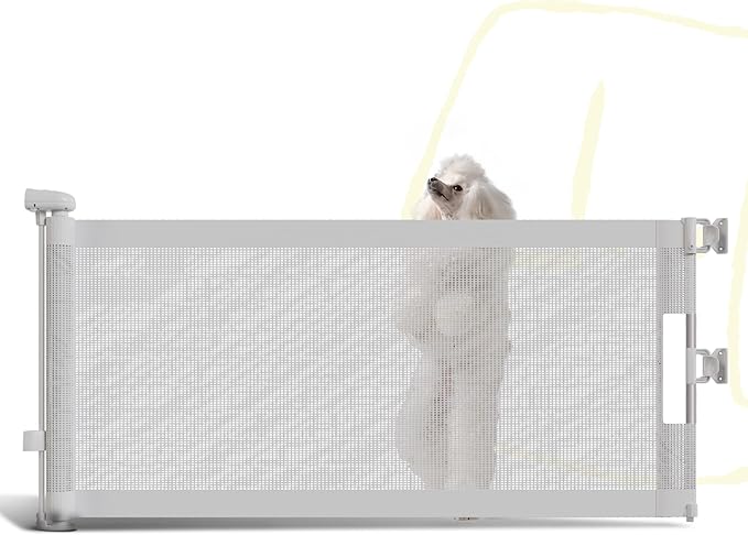 15.7" H Mesh Short Dog Gate, Extends Up to 59" W Retractable Pet Gate with Drill Installation, Small Dog Gate for Stairs, Easy Step Over Low Puppy Gate for Doorways Indoor Outdoor, White