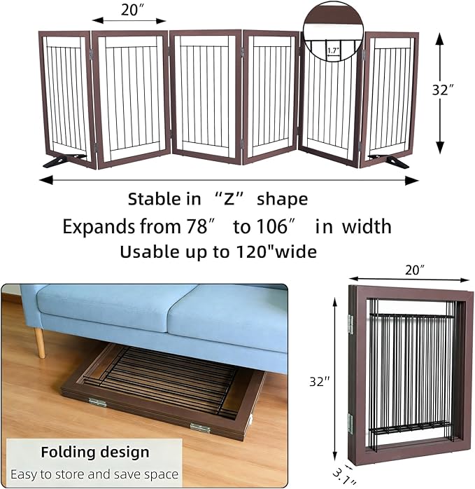 ZJSF Freestanding Dog Gate Indoor, Foldable Dog Fence for Doorways,Hallways or Stairs, Sturdy Wood Extra Wide Pet Gate with Support Feet,Brown,32 "Height-6 Panels