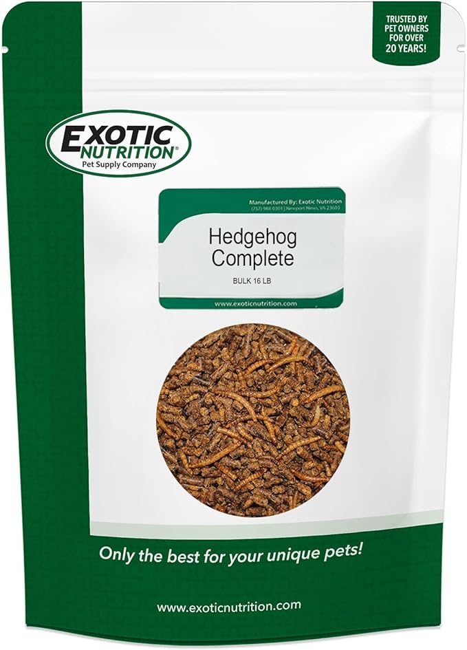 Exotic Nutrition Hedgehog Complete 16 lb - Nutritionally Complete Natural Healthy High Protein Pellets & Dried Mealworms - Food for Pet Hedgehogs