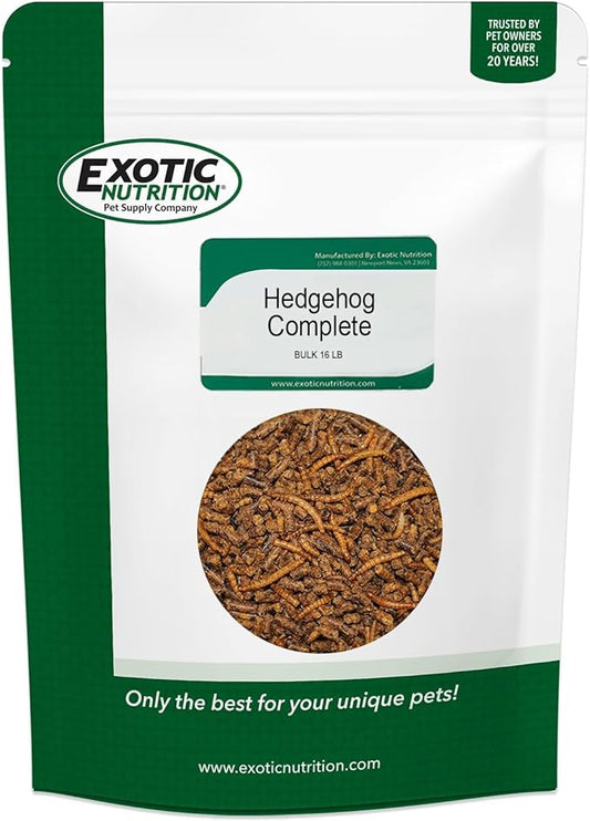 Exotic Nutrition Hedgehog Complete 16 lb - Nutritionally Complete Natural Healthy High Protein Pellets & Dried Mealworms - Food for Pet Hedgehogs