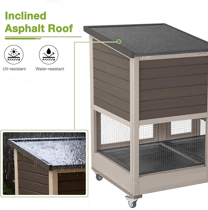 Guinea Pig Cages Indoor/Outdoor, Wooden Rabbit Hutch with Wheels, Large Rabbit House with 2-Story, Bunny Cage with Chew-Proof Ramp and Leap-Proof Trays, Waterproof Small Animals Habitat (Brown)