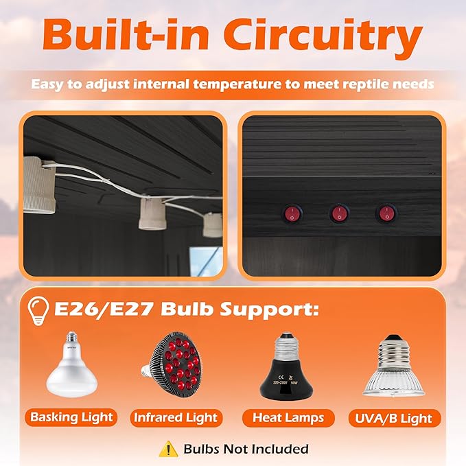 ROYXEN Reptile Tank, 81 Gallons Reptile Enclosure with Lockable Design, Tempered Glass Bearded Dragon Tank for Lizard Habitat, Soild Wood Built-in Sockets (Black, 47.5"x19.5"x19.5")