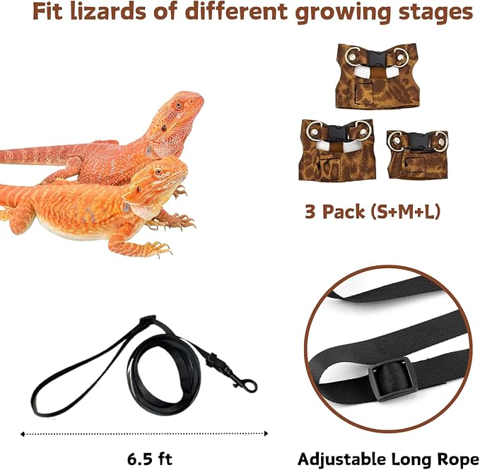 3 Pack Bearded Dragon Harness and Leash Set - Adjustable Soft Leather Lizard Harness Leash Small Animal Traction Rope Training Walking Vest Accessories for Reptile Squirrel Rat (Brown Leopard)