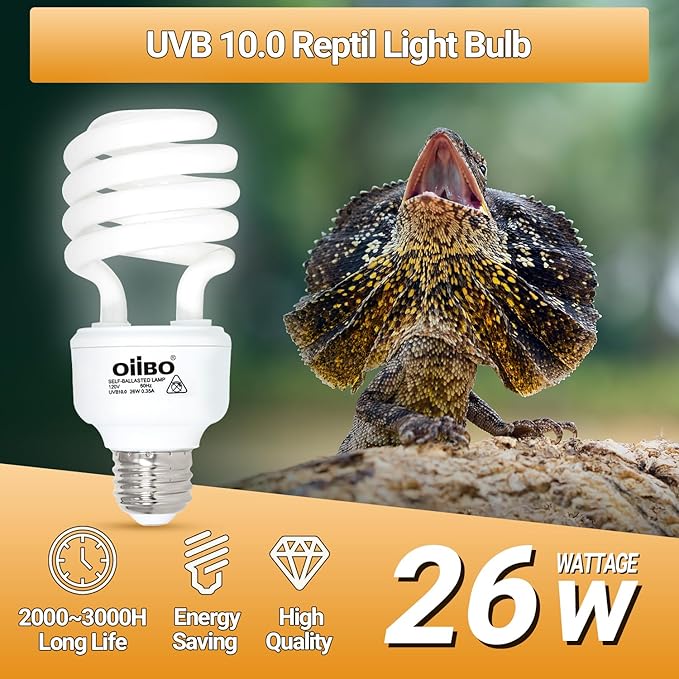 Oiibo 100W Reptile Heat Lamp Blub and 26W 10.0 UVB Reptile Light Combo Pack, Basking Spot Light UVA Heat Lamp Bulb and 26W Energy Saving UVB UVA Light for Reptiles Bearded Dragon,Turtles,Lizard