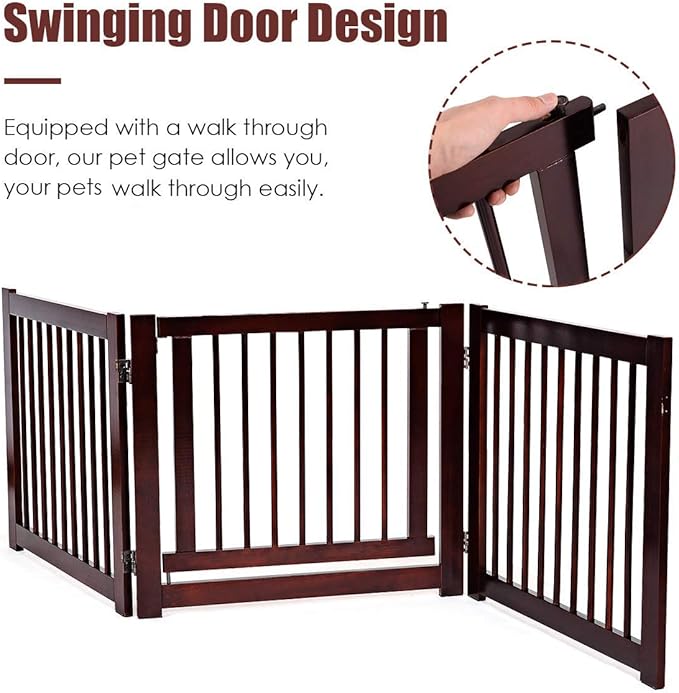 Giantex Freestanding Pet Gate with Door, 24inch 3 Panels Wooden Dog Gate with Walk Through Door, Foldable Pet Safety Puppy Fence Adjustable Pen for House Doorway Stairs