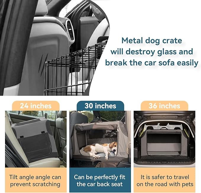 PETSFIT Dog Travel Crate, Soft Sided Dog Crate - 36 Inch Sturdy Adjustable Structure, Easy to Set Up, Collapsible Dog Crate for Car, Light Tough with 3 Mesh Doors Gray