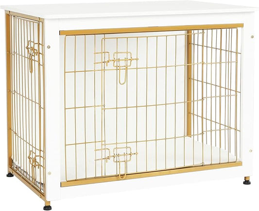 DWANTON Dog Crate Furniture with Cushion, Wooden Kennel Table with Double Doors, Indoor Dog House, Medium Size, 32.5" L, White