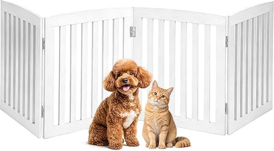 DUMOS Pet Gate for Dogs and Cats, 24 Inch 4 Panels Foldable Wooden Freestanding Dog Gate with Hinge Design, Indoor Portable Extra Wide Dog Fence Pet Barrier for Doorways, Stairs, Kitchen, White