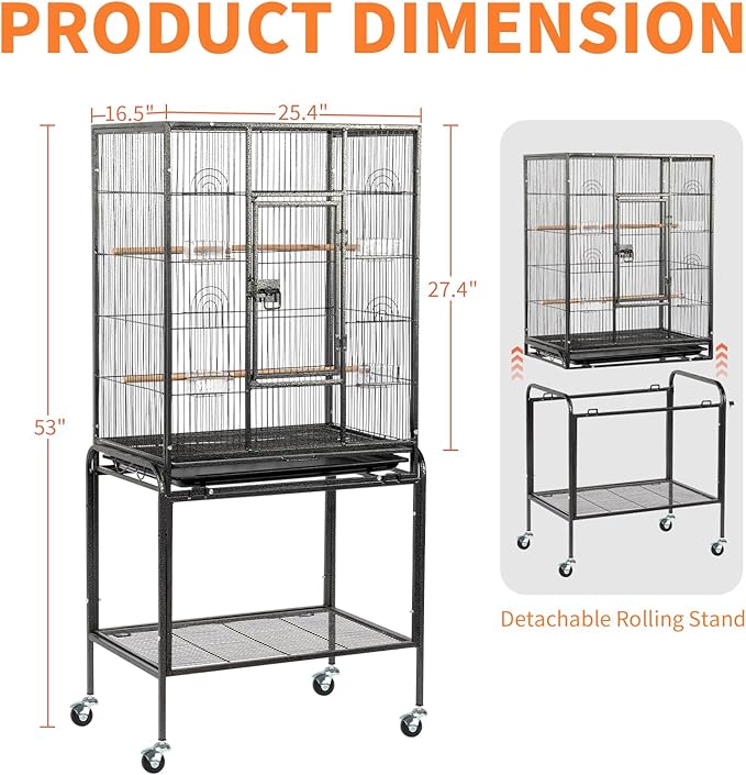53 Inch Wrought Iron Large Bird Cage,53" Large Flight Bird Cage with Rolling Stand & Storage Shelf for Parrots Lovebird Cockatiel Parakeets, Black