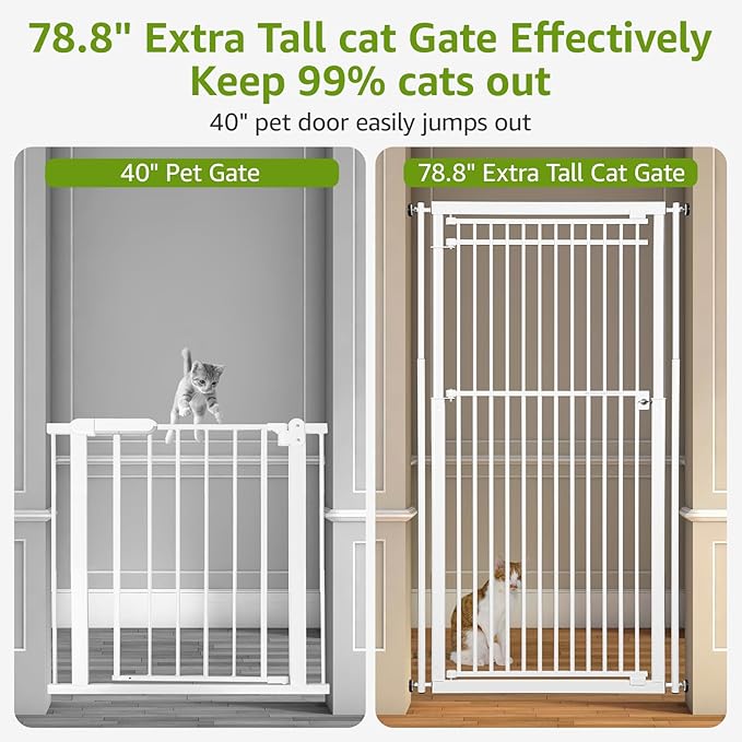 78.8" Extra Tall Cat Gate, 28.3-33" Wide Safety Metal Cat Door, Pressure Mounted Easy Walk Through Pet Gate with Door for Stairs, Doorways, White