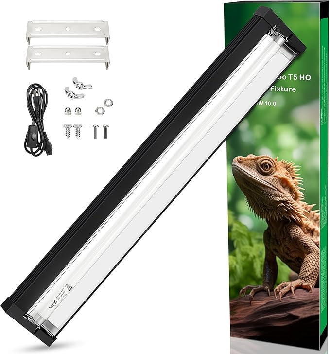 T5 UVB Reptile Light Fixture Upgrade Square HO UVB Bulb Lighting Combo Kit 10.0 UVB Light for Reptiles Terrarium Fluorescent 24W Reptile Light Bar UVA UVB Desert Lamp for Bearded Dragon Turtle Tank