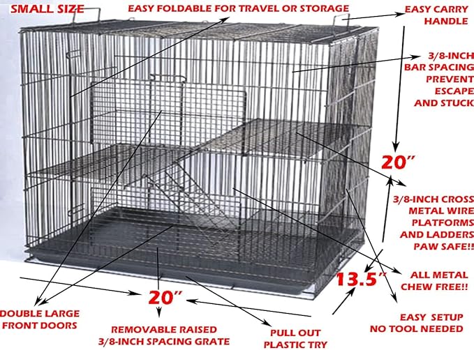 3 Levels Easy Foldable Chew-Proof Metal Small Animal Travel Carrier Cage Ferret Chinchilla Hamster Suger Glider Gerbil Rats Mouse Mice Guinea Pig Rodent Degu Dagus, Tight 3/8-Inch Bar Spacing