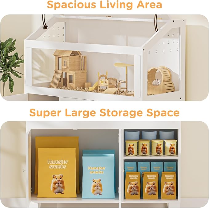 Hamster Cage with Storage Cabinet, Hamster Cage Large, Large Hamster Habitat with Easy View Acrylic Panels, Wooden Small Animal Cages for Guinea Pigs, Rabbits, Gerbils, Hedgehogs, White