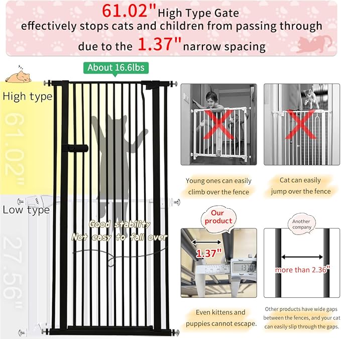 Lumizone Extra Tall Cat Gate 61.02" High Pressure Mounted Extra Wide 2025 New (17 Sizes) 1.37" Gap No Drilling Auto-Close One-Handed Operation Tall Pet Gate for Dogs(Black, 61.02" H x 29.92"-38.38" W)
