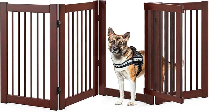 Tall Dog Gate with Door, 4-Panel 30 inch High Wooden Puppy Playpen, Freestanding Pet Door Gates, Folding Indoor Pet Enclosure, Extra Wide Room Divider for House, Stairs, Doorway