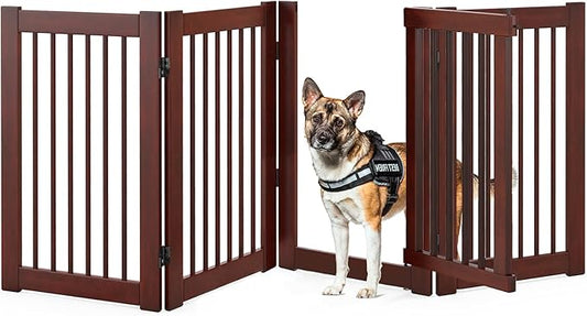 Tall Dog Gate with Door, 4-Panel 30 inch High Wooden Puppy Playpen, Freestanding Pet Door Gates, Folding Indoor Pet Enclosure, Extra Wide Room Divider for House, Stairs, Doorway