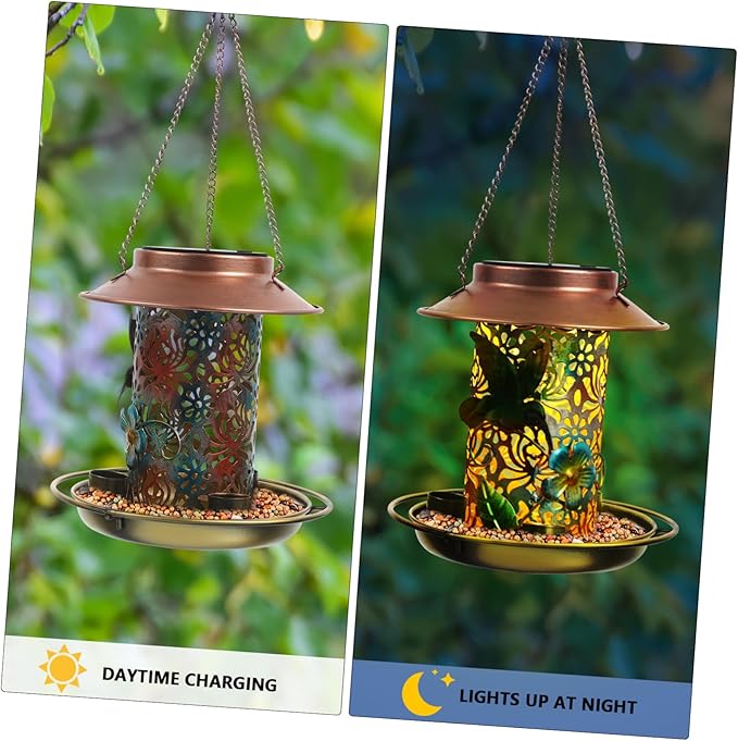 VANZACK Solar Bird Feeder Sturdy Metal Design for Outdoors Unique Hanging Bird Feeder with Elegant Patterns Water Cup for Attracting Garden Birds