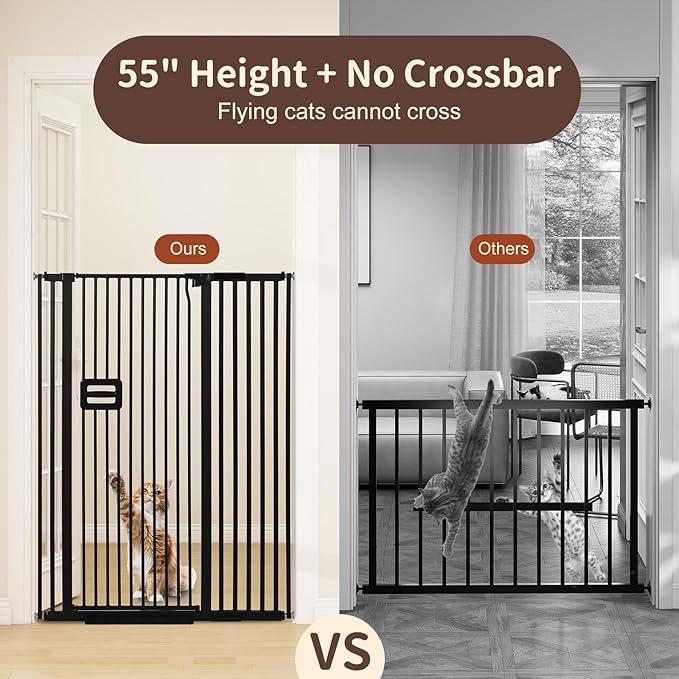 SMONTER 55" High Extra Tall Baby Gate, Safety Cat Gate for Doorways, Expands to 38.6"-42.5" Wide, Auto Close Dog Gate, No Drilling Pressure Mounted Cat Fence, Pet Gate Indoor for Stairs, Black