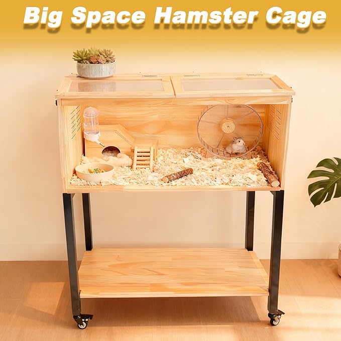 Hamster Cage with Storage, Wooden Hamster Cage, Pine, Guinea Pig Cages, 31.5"L x 15.7"W x 38.0"H, 2 Tiers Movable Large Hamster Cages with Storage Shelf for Guinea Pig, Chinchilla, Rat, Bunny, etc.