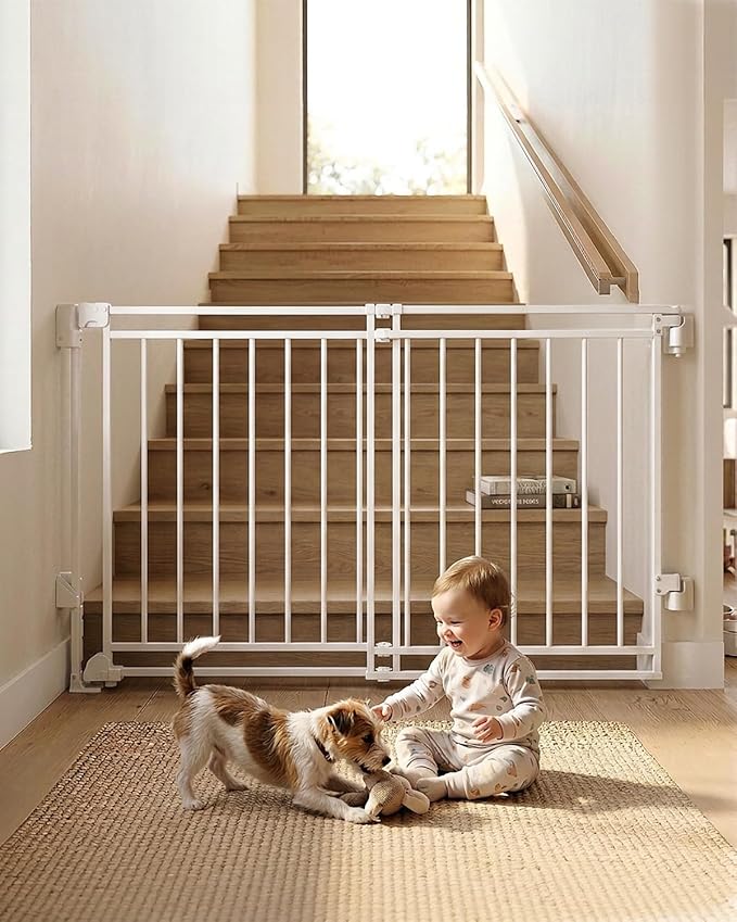 Extra Wide Baby Gate for Stairs Doorways & Kitchen, 32"-54" W x 29" H, No Bottom Bar Dog Gate, One-Handed Auto-Close, Hardware Mount Safety Gate for Dogs & Toddlers, White