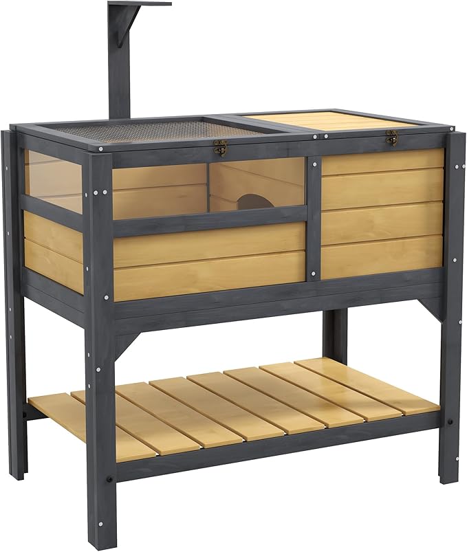 Turtle Habitat Enclosure, Large Wooden Tortoise House for Indoor and Outdoor Use, Reptile Enclosure with Openable Roof & Secure Locking System (Yellow+Storage Shelf)