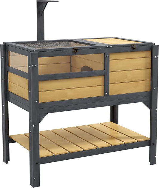 Turtle Habitat Enclosure, Large Wooden Tortoise House for Indoor and Outdoor Use, Reptile Enclosure with Openable Roof & Secure Locking System (Yellow+Storage Shelf)