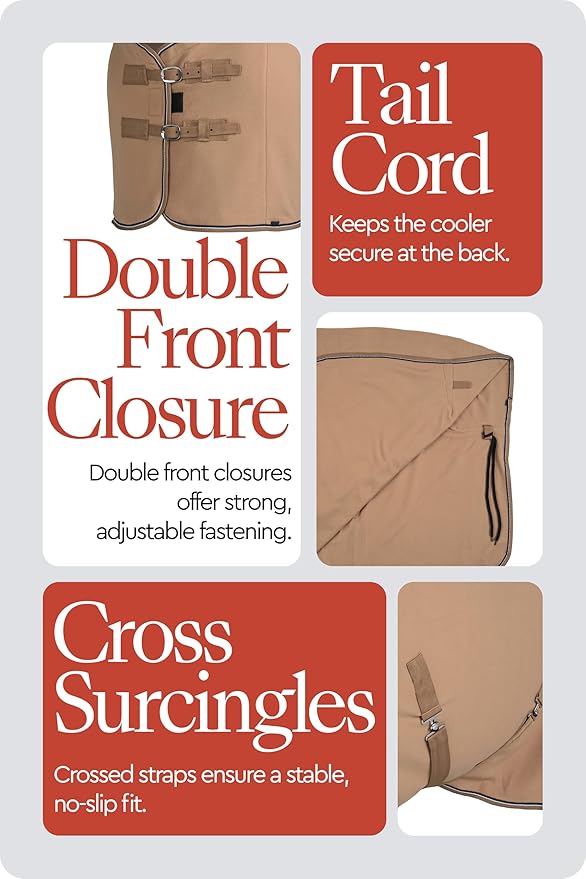 HORZE Kiel Fleece Horse Cooler Blanket | Quick-Dry Fleece Horse Cooler Sheet with X-Surcingles & Tail Cord - Tan - 81 in