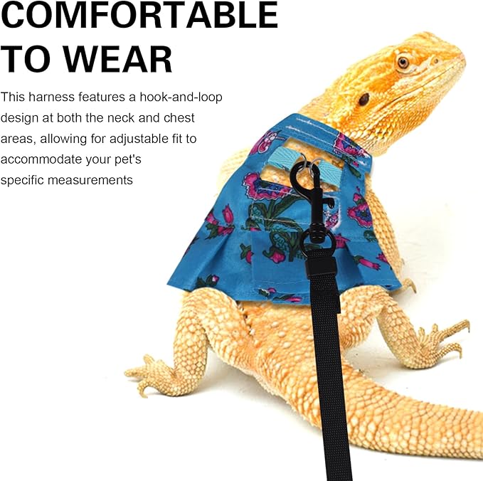 Bearded Dragon Harness and Leash Skirts Set Adjustable Reptile Lizard Leash Rope Dresses Clothes Starter Kit Accessories for Small Animal Outdoor Walking Training (Blue)