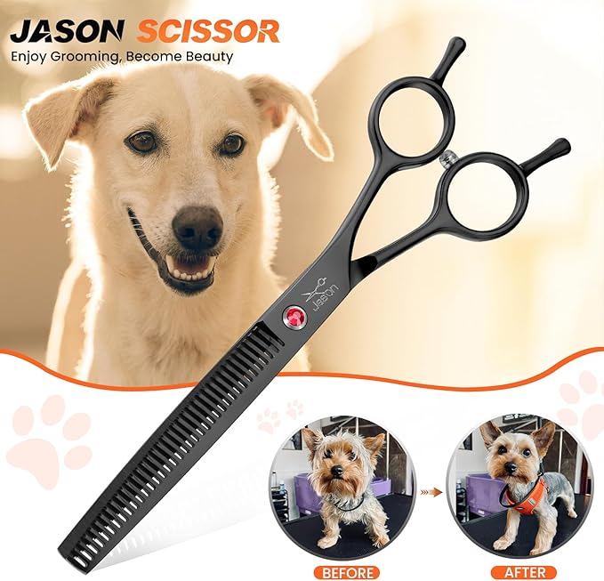 JASON 7" Dog Grooming Scissor - Professional Thinning Shear with 37 Teeth Japanese Stainless Steel Blender Scissors for Dogs, Cats and Other Pets (Thinning, Black) Christmas Gift