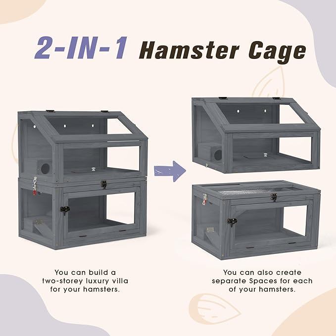 COZIWOW 2-Tier Wood Hamster Cage, Guinea Pig House with Hideouts, Ramps, Acrylic Window, Door Access, Detachable Squirrel Cage for Hedgehogs Gerbils Mice Small Animals, Gray