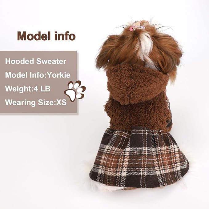 DaFuEn Dog Sweater,Dog Dress, Dog Sweaters Dresses for Small Dogs,Cute Warm Fleece Hooded Sweater for Small Dogs, Plaid Puppy Dresses Clothes Chihuahua Yorkie Cat Apparel （Brown,XXS