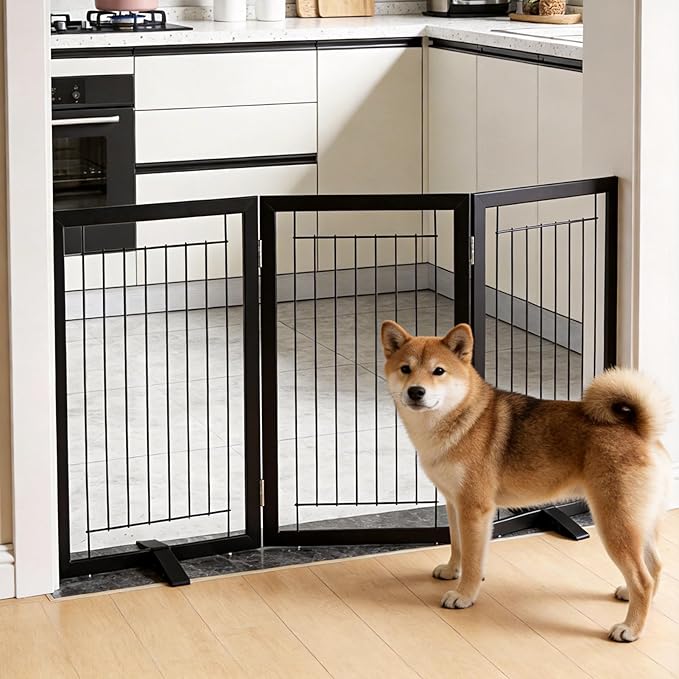 ZJSF Freestanding Dog Gate Indoor, Foldable Dog Fence for Doorways,Hallways or Stairs, Sturdy Wood Extra Wide Pet Gate with Support Feet,Black,32 "Height-3 Panels