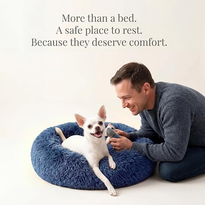 Calming Donut Dogs Beds for Small Dogs Washable,19inch Fluffy Round Puppy Bed for Puppies,Cats & Toy Breeds with Raised Rim,Fits up to 15 lbs Pets,Navy Blue