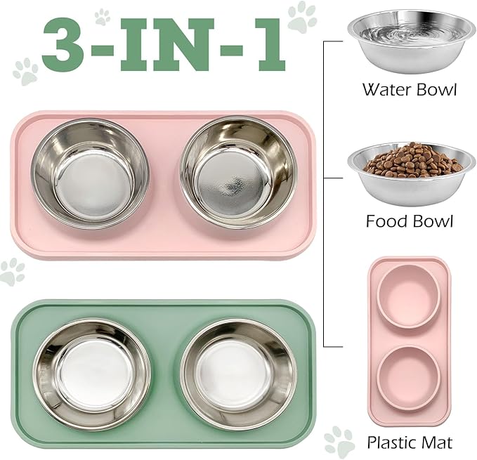 BNOSDM 2 Pcs Double Dog Food Bowls, Stainless Steel Small Dog Food and Water Bowls with Non-Spill Plastic Mat, Pet Cat Feeder Dish Set for Puppy Cats Kitten, Pink