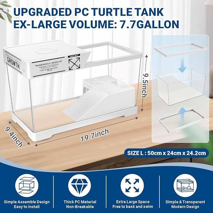 GOZILLA Turtle Tank Kit+Lamp+Filter, Upgrade PC Turtle Tank Starter Kit with Adjustable Lamp & Filter,Reptile Habitat with Lid,Basking Platform for Small Reptiles(19.68× 9.52× 9.44''/White-Large-Kit)