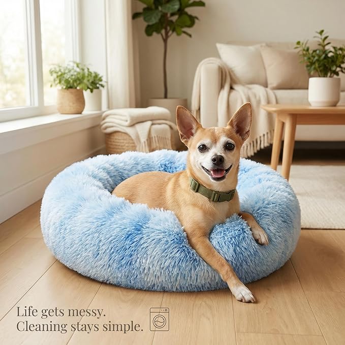 Calming Donut Dogs Beds for Small Dogs Washable,19inch Fluffy Round Puppy Bed for Puppies,Cats & Toy Breeds with Raised Rim,Fits up to 15 lbs Pets,Gradient Blue