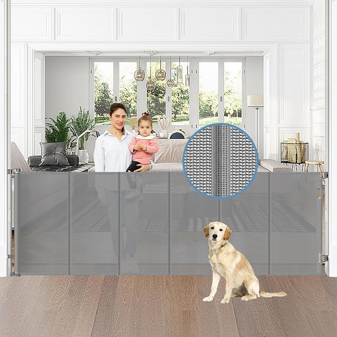 Reinforced 75” Wide Retractable Dog Gate with Support Rods, Upgrade Extra Wide Retractable Baby Gates for Doorways Long Mesh Gate for Kids and Pets Safety Child Gate for Stairs Toddler Gate (Gray)
