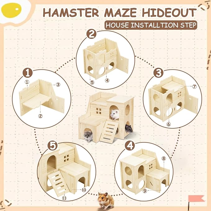 BreezeHug 4 Pcs Hamster Platform Hideout Wooden Tunnel Ladder Playhouse Hamster Game Climbing Toy with Platform Cage Accessories for Small Pets Dwarf Syrian Mice Degus Gerbils Squirrel(Villa)