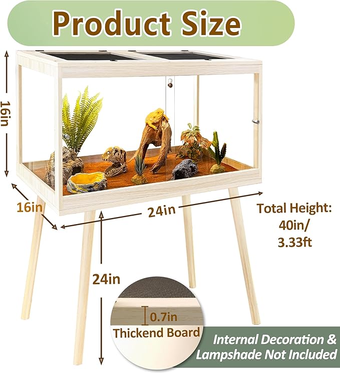 PROLEE Reptile Enclosure with Leg, 30 Gallons Bearded Dragon Tank, Tempered Glass Lizard Tank with Metal Mesh Tops and Lockable Door, Spacious Reptile Habitat for Snake,Lizard (Oak)