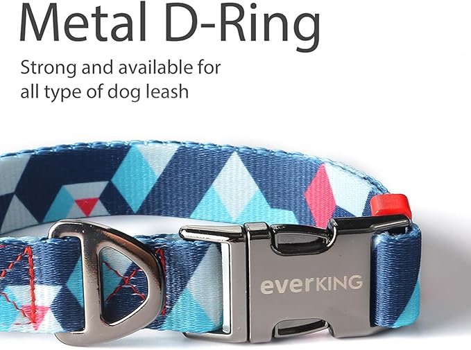 Everking Dog Leash and Collar Set with Metal Buckle, Suitable for Small Dogs Weighing 3-10kg,Memphis Geometric Pattern Design Style, Flexible Webbing, Nylon Handle, Adjustable (Iris, S)