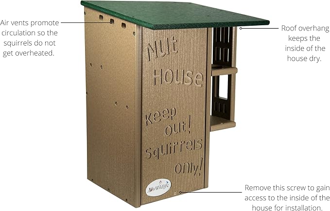 JCS Wildlife Ultimate Wooden Squirrel House, Multi-Tier Squirrel Nesting House with Predator Guards, Weather-Resistant Recycled Poly Lumber, Easy-Clean Tree House for Outside, Green & Tan
